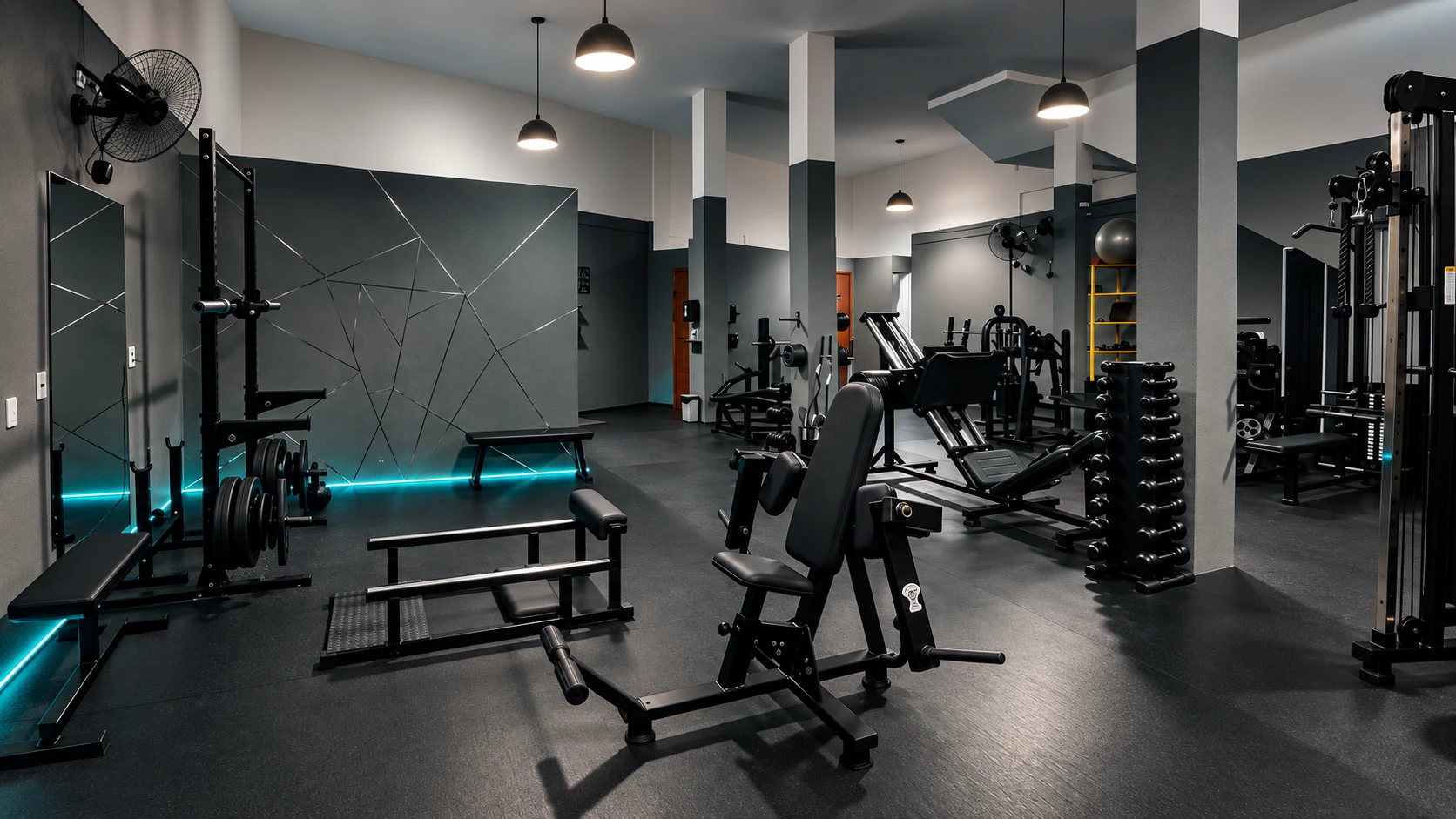 Vista ampla de um studio moderno com equipamentos de musculação